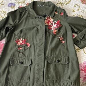 CJ Banks Olive Green Embroidered Utility Jacket with Floral Detail